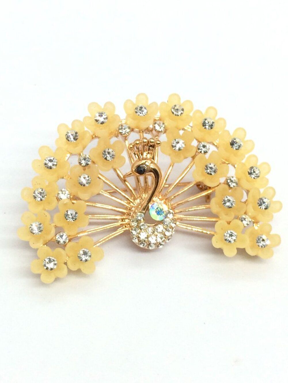 VINTAGE PEACOCK BROOCH Gold Tone Rhinestone Pink Yellow Flower Fan Tail Bird Pin